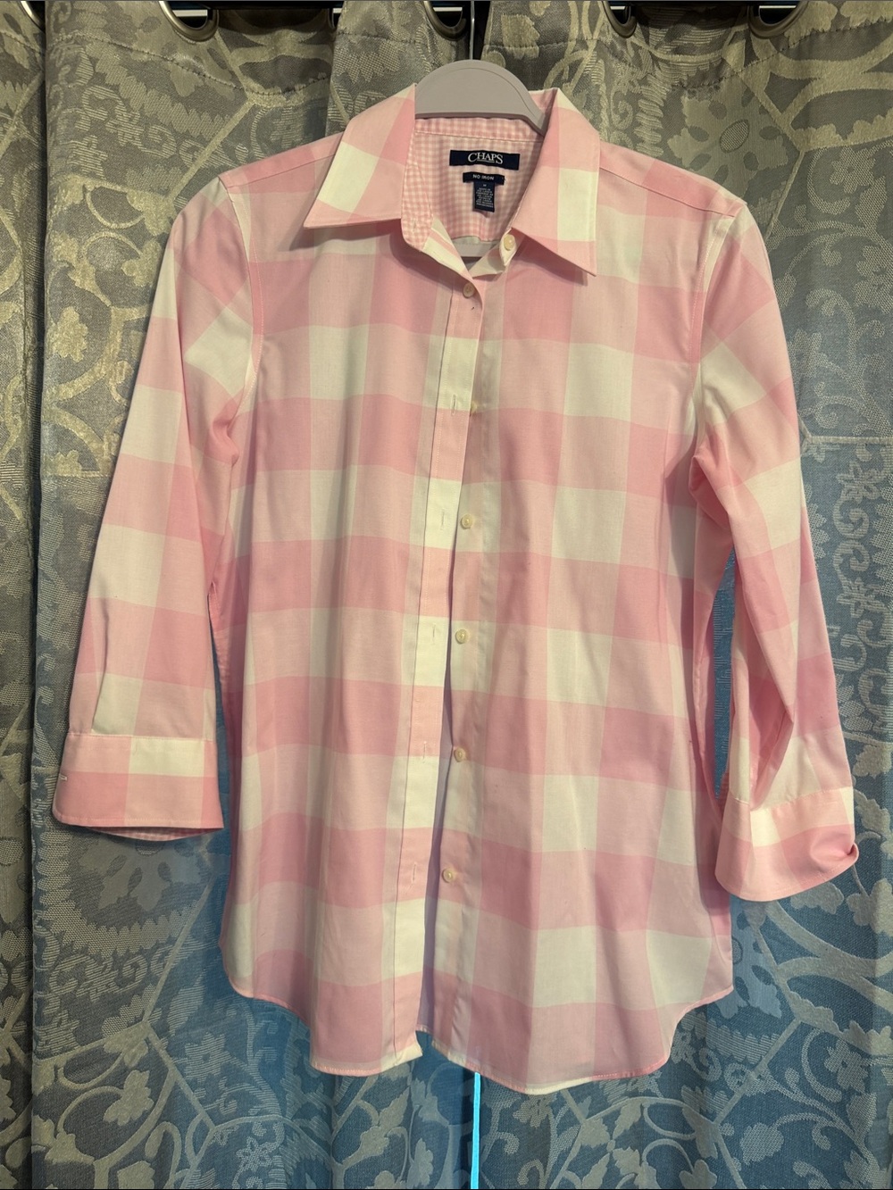 Chaps Pink & White Gingham Button-Down Shirt 3/4 sleeve